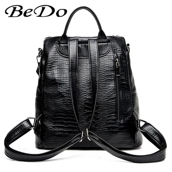 Genç Kızlar İçin BeDo Pu siyah Deri KADIN Casual Sırt çantaları Deri Sırt çantası Kadınsı Geometrik Ekose Payet Kadın Sırt çantaları