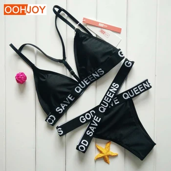God Save Queens Mektup Yazdırmak Bikini S-XL Mayo Brezilyalı Monokini Paded Kadın Mayo Çapraz Bantlı Bandaj Mayo Seti