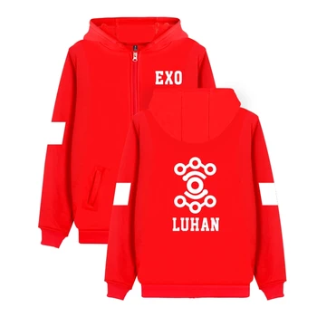 Gri Kırmızı Gri renkli Kadar Cap EXO ile Kpop EXO Hoodie Fermuar-L fanları Moda Kore Stil Ceket Unisex Harajuku Sweatshirt Fermuarlı