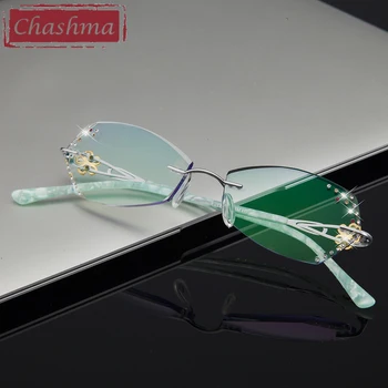 Gözlük Elmas Çerçevesiz Titanyum Kesme Okuma Chashma Lüks renk Tonu Lensler Miyop Gözlükleri Kadın için Çerçeve Gözlük