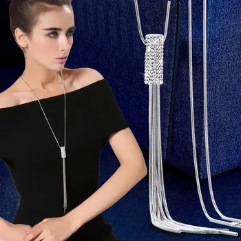 Gümüş Rengi Yuvarlak Püskül Uzun Kolye Hediye Kolye Kazak Zinciri Moda Kişilik Basit Metal Zincir Kolye