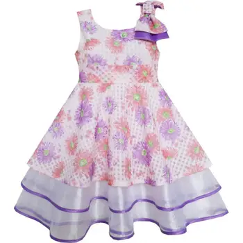 Güneşli Moda Kız Mor Çiçek Dantel Fiyonk Kolsuz 2018 Yaz Prenses Düğün Parti Elbise 4-8 Boyutu Elbiseler Elbise