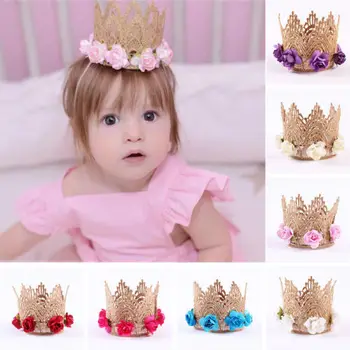 Güzel Bebek Çocuk Kız Prenses Dantel Altın Tacı Şapkalar Gül Çiçek Çocuklar Sevimli Balo Düğün Tiaras Bandı Aksesuarları