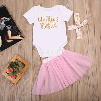 Güçlü/Sevimli yeni Doğan Bebek Kız Bebek Yazlık Set Kısa Kollu Üstleri Romper+Tütü Etek+saç Bandı Bebek Kız Giyim Kıyafetler Ayarlayın