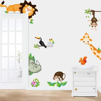 Hayvanat Bahçesi Zürafa Maymun Aslan Karikatür Duvar sticker çocuk odası ev dekor DİY sanat arka plan çıkartmaları dekorasyonu için sevimli hayvan çıkartmaları
