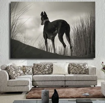 HDARTİSANBlack Ve Beyaz Tazı Bakan Tuval duvarda Oturma Odası için resim yağlı boya Oturup Greyhound