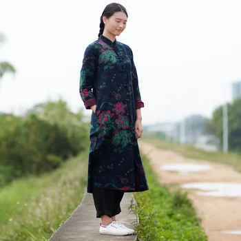 Hendek S227 Palto SCUWLİNEN 2018 Kadınlar İlkbahar Sonbahar Ceket Vintage Mandarin Yaka Plaka Düğmeleri Artı Boyutu Uzun Elbise Giyim