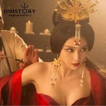 HİMSTORY Altın Prenses Kraliçe Saç Aksesuarları Düğün, Saç Coronet Çin Eski Hairwear İnci Küpe Takı Aksesuar