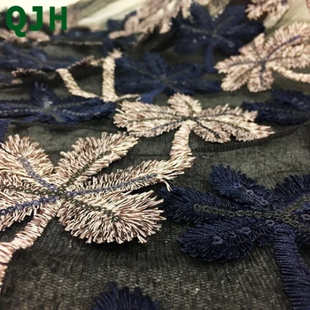 İki nefis renkli Boncuk Nakış örgü tül dantel kumaş 1 yarda Moda Kayısı mavi kadın elbise kumaş işlemeli Yaprakları