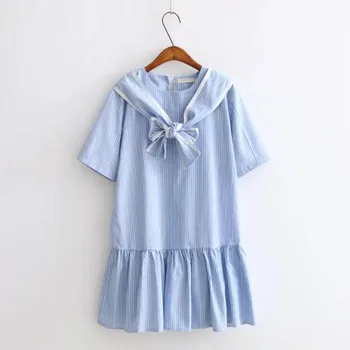 Japonca Yaz Yaşasın Yeni 2018 Beyaz Ve Mavi Çizgili Elbise Sevimli Lolita Harajuku balosu Elbiseleri Kawaii LYQ610 Yetişkin Düğüm