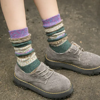 Japonya Harajuku Vintage Kadın Çorap Kış Moda Sıkıştırma Lisesi Kadın Çorap Uzun Kalın Kadın Pamuk Çorap Çizgili