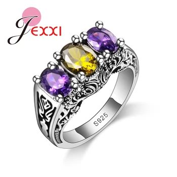 JEXXİ Yeni Tasarım Renkli Kübik Zirkon Yüzük Moda 925 Gümüş Kadınlar Düğün Nişan Yüzüğü Takı