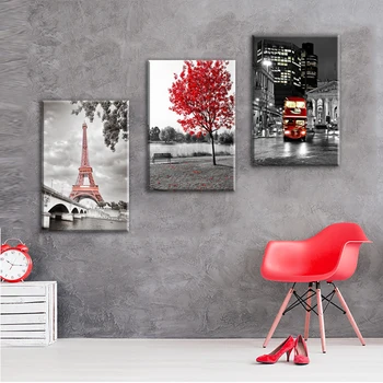 JİE YAPMAK SANAT Tuval Duvar Sanatı Resim Çerçevesi Ev Dekorasyonu Oda Poster 5 Adet Modern Paris Eyfel Kulesi Araba Kırmızı Akçaağaç