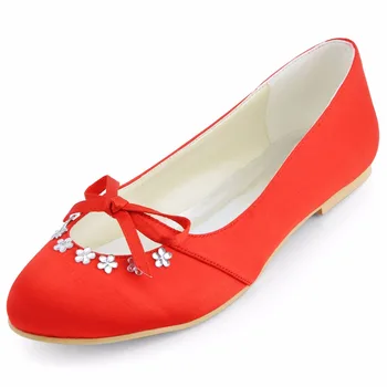 Kadın flats Royal Mavi Kırmızı kadın Ayakkabı Yuvarlak Ayak EP2030 Yay Rhinestone babet Saten Düğün Gelin Ayakkabıları