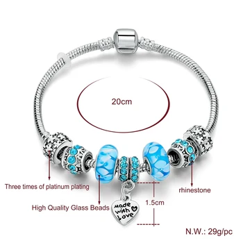 Kadın Gümüş Kalp Bileklik & Bilezik İçin Athina Avrupa Mavi Bilezikler Orijinal Mücevher takılar SBR160151 Bilezik DİY