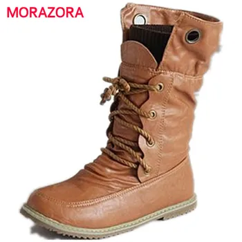 Kadın ilkbahar sonbahar moda çizmeler pu deri ayakkabı artı boyutu için MORAZORA 2018 Yeni moda motosiklet ayak bileği bot 34-43