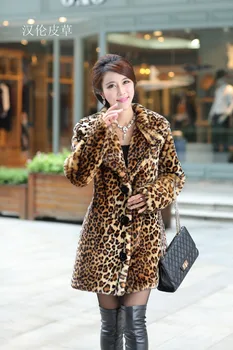 Kadın Kış Sıcak Leopar Tavşan Kürk Ceket Uzun Deri Ceket Faux Kürk Yaka Çim Manteau Femme Fourrure J452 KIS