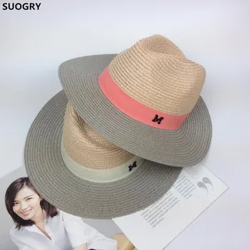 Kadın, M harfi geniş ağzına bayanlar için sıcak satış yaz güneş şapka şapka plaj tatil kızlar panama Hasır şapka