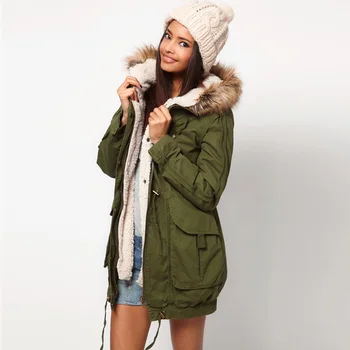 Kadın ordu yeşil kürk yakalı ceket parkalar 2 eskitmek 1 çıkarılabilir astar kış üniforma ceket TB94101030005 içinde kapşonlu