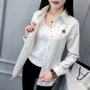 Kadın Sonbahar Kış Moda Uzun Kollu Yaka Bluz Artı Boyutu Pamuklu Kadın Gömlek İnce Kalın Sıcak Kaşmir Gömlek Üstler Bluz