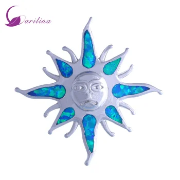 Kadınlar için güneş Yüz şekli 925 Gümüş Kaplama Moda Takı Mavi Ateş Opal kolye P171