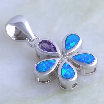 Kadınlar için parti Takı 925 Gümüş Kaplama mücevher Çiçek Mor Taş Mavi Ateş Opal kolye P210