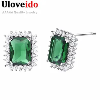 Kadınlar için Yeşil Taşlar Zirkon Moda Kristal Taslar Stud Brincos Hediye ile Kadınlar için Uloveido Renkli Gümüş Küpe R807