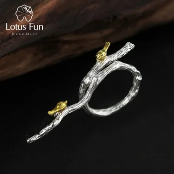 Kadınlar için Şube Halkalar üzerinde Lotus Eğlenceli Gerçek 925 Gümüş Doğal Orijinal el Yapımı Takı Ayarlanabilir Yüzük Kuş Bijuteri
