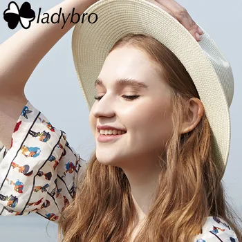 Kadınlar İçin Ladybro Yaz Hasır Şapka Güneş Şapka Plaj Geniş Ağzına Caz Panama Şapka Bayan Çiçek Boncuk Chapeau Güneşlik Kap Şapka Kadın
