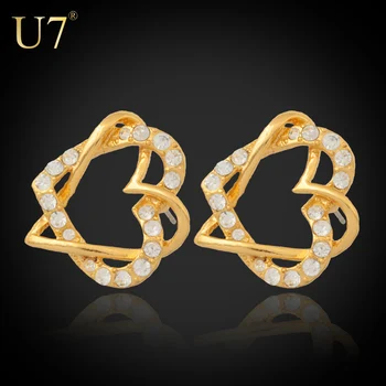 Kadınlar İçin U7 Moda Çift Kalp Kristal Küpe Takı Altın/Gümüş Renkli Rhinestone Damla Küpe E387