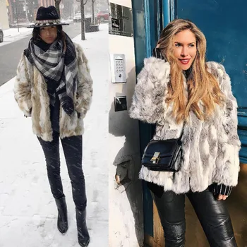 Kadınlar İçin yeni Kış moda Moda Gerçek Kürk Doğal Tavşan Kürk Parçaları Artı Boyutu Hakiki Deri Orta-uzun Kürk