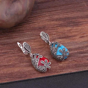 Kadınlar Parti İçin Feelgood Türk Mücevher Gümüş Rengi Vintage Küpe Kristal Ve Kırmızı / Mavi Doğal Taş Küpe Hediye