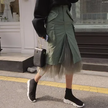 Kadınlar Sonbahar İçin TWOTWİNSTYLE Tül Yamalı Etekler, Yüksek Bel Paket Kalça Etek Kadın Mıdı Uzun Gündelik Giyim Moda Split