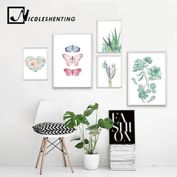 Kaktüs Çiçek İskandinav Tarzı Bitkiler Boyama Duvar Sanatı Tuval Posterler ve Baskılar Oturma Odası Ev Dekorasyonu Resim Kelebek