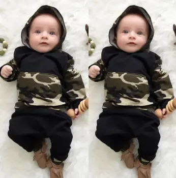 Kamuflaj Yeni Doğan Bebek Erkek Bebek Kapşonlu Üstler Elbiseler Sonbahar Çocuk Giyim Seti Giysiler, Uzun Pantolon +