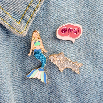 Karikatür Denizkızı Prenses OMG! Köpekbalığı Broş Parlak Kız Çocukları İçin Kot ceket Ceket Kazak Pin Rozet Takı Hediye Toka Pin Erkek