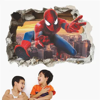 %Karikatür Spiderman Çocuk Odası Duvar Çıkartmaları Ev Dekorasyonu Çocuklar için Kreş 3D Etkisi Çocuk Hediye Poster Duvar İçin Duvar Çıkartmaları Kırık