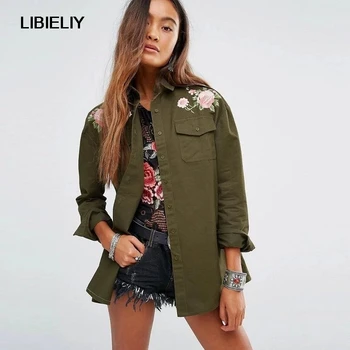 Kat Güzel Bahar Kadın Moda Ceket Yüksek Kaliteli Askeri Ceket Ordu Yeşil Uzun Kollu Cep Kadın İşlemeli
