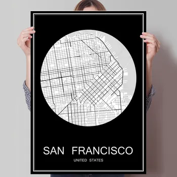Kağıt üzerinde ya da SAN FRANCİSCO ABD Baskı Poster Baskı siyah Beyaz Şehir Haritası Duvar Sticker Bar Cafe Oturma Odası Ev Dekor Tuval