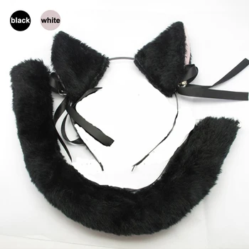 Kedi Tilki Kulakları ve Kuyruğu Kostüm Siyah Beyaz Kedi kafa Bandı Kafa Bandı Saç Çember Elbise Çünkü Aksesuar Cosplay Peluş Oyuncak Parti Kulakları