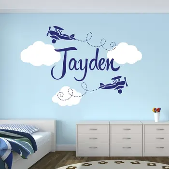 Kişiselleştirilmiş Uçak Adı Çıkartması çocuk odası Dekor Bulutlar-Ev Dekorasyon Çocuk Odası Dekor Vinil Duvar sticker Bir 90 Çıkartma-