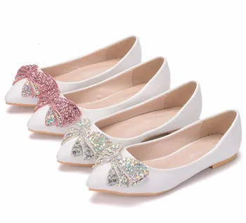 Kristal Kraliçe Moda Flats Kadın Düğün Ayakkabı Düz Topuk Kelebek Ayak Taklidi Sivri düğüm Tatlı Beyaz Ayakkabı Ayakkabılar Muje
