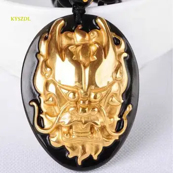 KYSZDL saf altın rengi doğal siyah obsidyen oyma musluk kolye erkek ve kadınlar zodyak ejderha kristal takı hediye