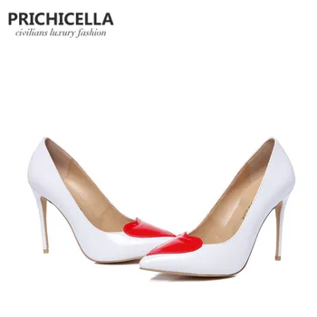 Kırmızı kalp kadınlarla PRİCHİCELLA beyaz hakiki deri ince yüksek topuk ayakkabı parti düğün ayakkabı artı boyutu elbise