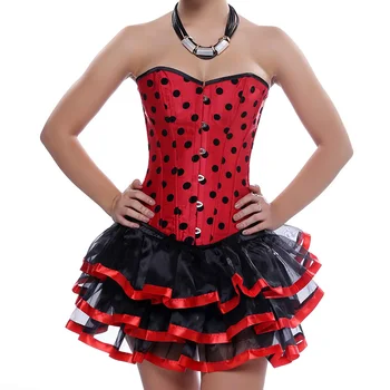 Kırmızı / Siyah Puantiyeli Elbise Seksi Gotik Korse Tutu Etek Burlesque Kostümleri Corselete Feminino Espartilhos Ve Korseler Bustiers
