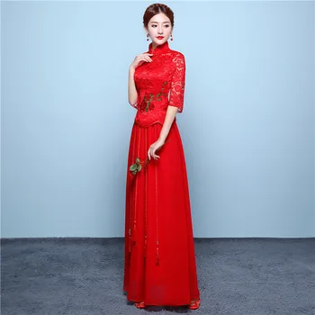 Kırmızı Uzun Cheongsam Gelinlik Çin Geleneksel Elbise Kadınların Modern Qipao Elbise Orientale Akşam Gelinlik
