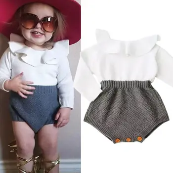 Kız bebek Örgü Tulum Uzun Fırfır Yakalı Tulum 0 Beyaz Sonbahar Kış Tulum Kıyafetler Kol Yamalı 24-