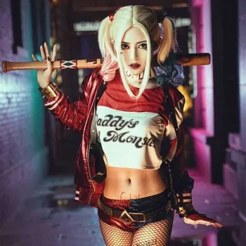 Kızlar Kadınlar Yetişkin İntihar Harley Quinn Cosplay Kostümleri Cadılar Bayramı Ceket Babanın Lil Canavar T-Shirt Şort Takım Setleri kostümleri