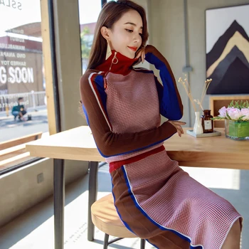 Kış İki Adet Bayan Kazak Elbise Fermuar Boyun Şık Kazak Eşofman Büyü Renk Moda Paket Kalça Etek Elbise Slash Set