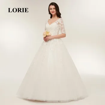 LORİE Dantel Düğün Uzun Kollu 2018 Topu Cüppe V yaka Kat Uzunluk Gelinlik Artı Boyutu Ücretsiz Nakliye Dantel Aplike Elbise